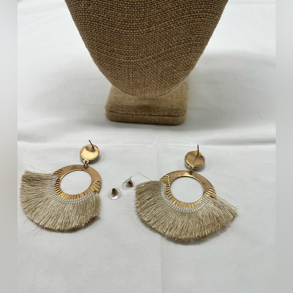 Beige Fringe Statement Earrings - Picture 4 of 4